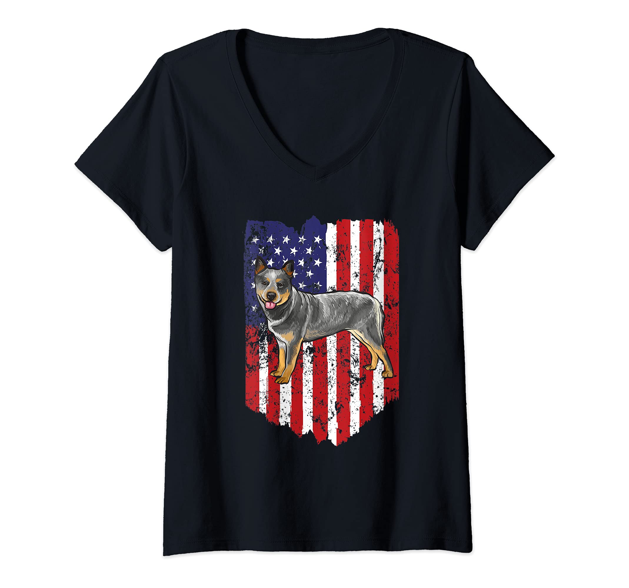 Womens American Flag Australian Cattle Dog 4th Of July USA V-Neck T-Shirt