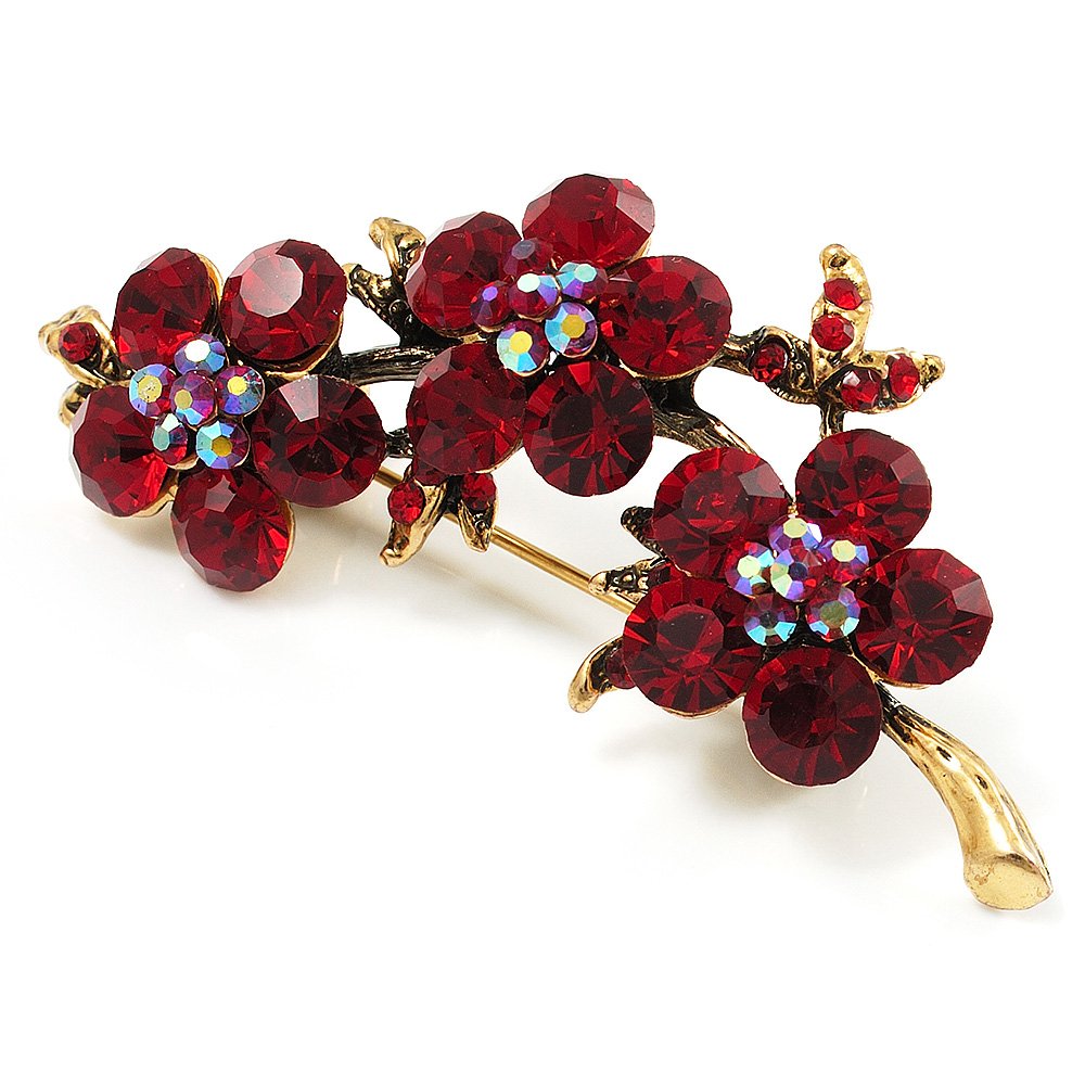 Diamante Floral Brooch (Antique Gold & Burgundy Red)