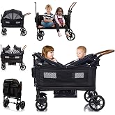 VAEUSV Lux Wagon for 2 Kids, Lightweight Travel, High Static Load Capacity | One-Hand All-Terrain Push Pull Fold Stroller ,Adjustable Canopy &amp; Handle,5-Point Harness,Snack Tray &amp; Cup Holder for Toddler