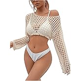SHENHE Women's Crochet Hollow Out Drop Shoulder Sweater Sheer Long Sleeve Sweater Top