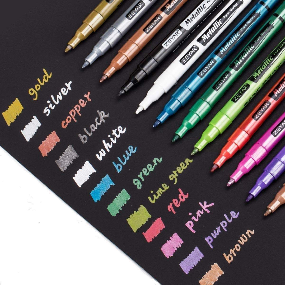 ZEYAR Acrylic Paint Pens, Water based, Fine Point, 12 Metallic colors, Acid Free, Opaque Ink, Great for greeting card, Album, Poster, Scrapbook and so on