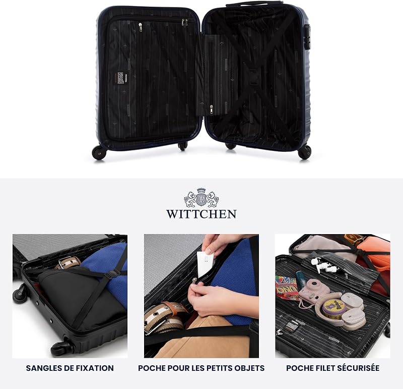 Valise de Voyage Set de 4 valises Valise à roulettes Bagages à Main ABS 4 roulettes pivotantes Serrure à Combinaison Poignée télescopique Groove Line Bleu Marine Air France/Easyjet