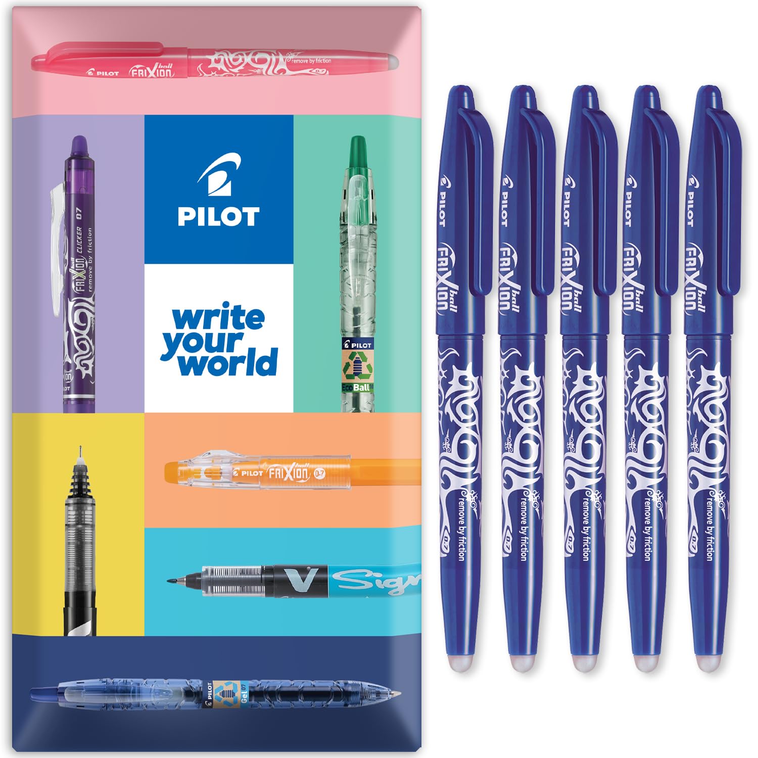 PILOT Frixion Heat/Friction Erasable Rollerball Pen FR7 - Medium Line 0.7mm Tip Nib - In Envelope Gift Packaging - Pack of 5 - Blue