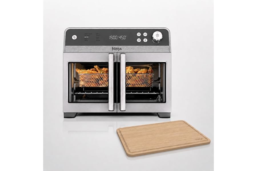 Ninja French Door Premier Air Fry Oven with Cutting Board, Steel, FO103 | 450F cyclonic air, PFAS-free surface, Air fry, sear crisp, bake, broil, toast, proof