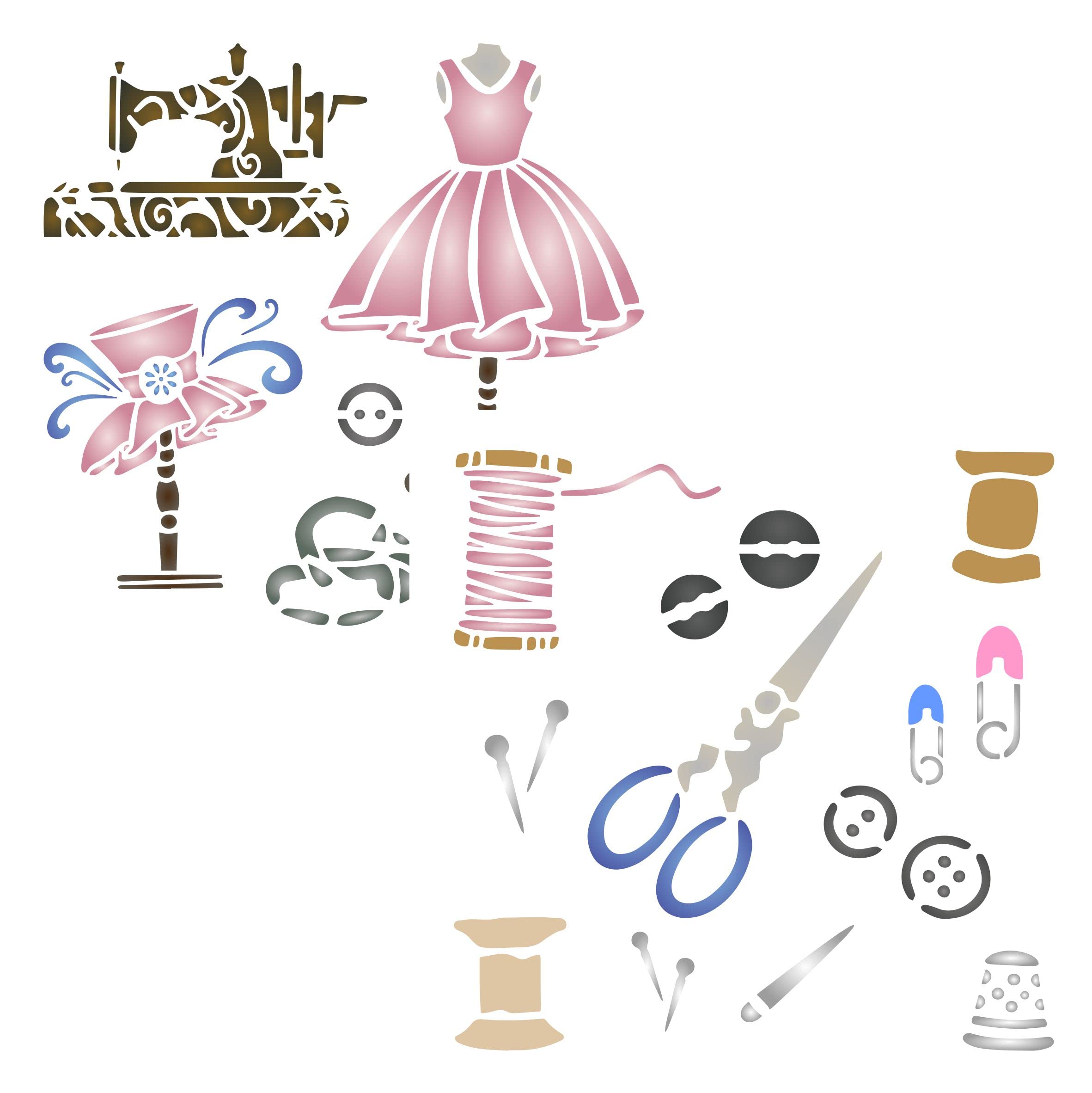 2X Sewing Stencil, 2pc / 11.5 x11.5 cm (S) - Fashion Designer Sewing Kit Scissors Bobbin Hat Stand Dress Form Stencils for Painting Template
