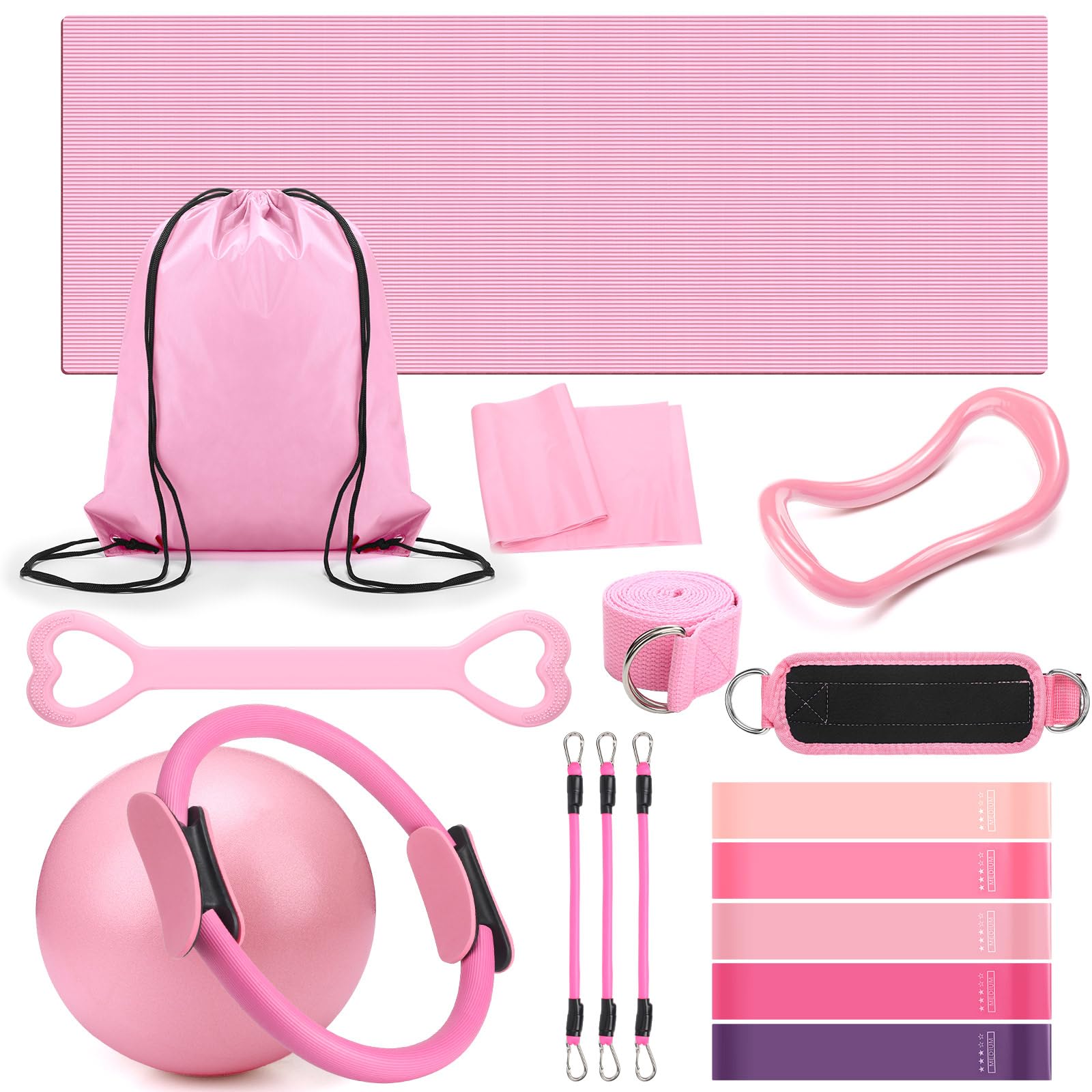 Photo 1 of RoundFunny Set of 18 Pilates Ring Essential Kit for Women Pilates Ring and Ball Ankle Resistance Band Yoga Strap Socks Mat Arm Stretcher Latex Tube Gym Back Bag Exercise Equipment for Workout(Pink)