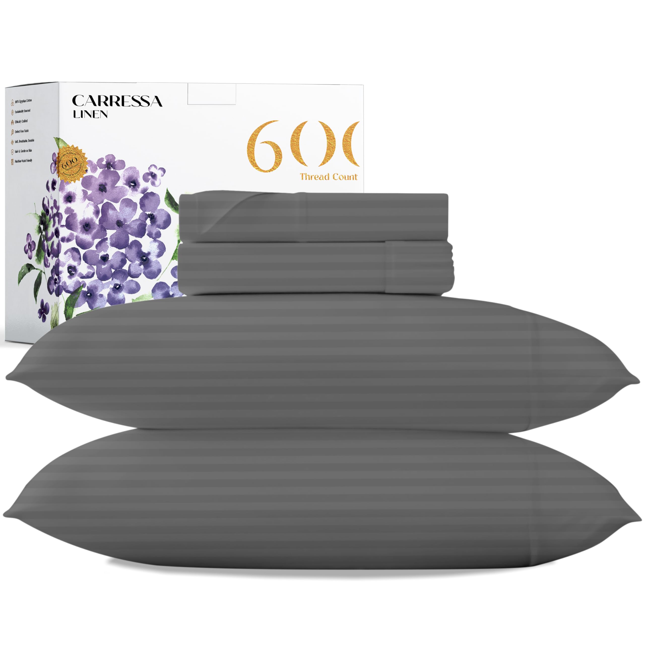 Photo 1 of Carressa Linen Luxury Egyptian Cotton California King Stripe Sheet Set, 600 Thread Count Extra Long Staple 4 PC Set, Cal King Stripe Sheets, Soft, Cooling Striped Sheets 16 in Deep Pocket - Dark Grey