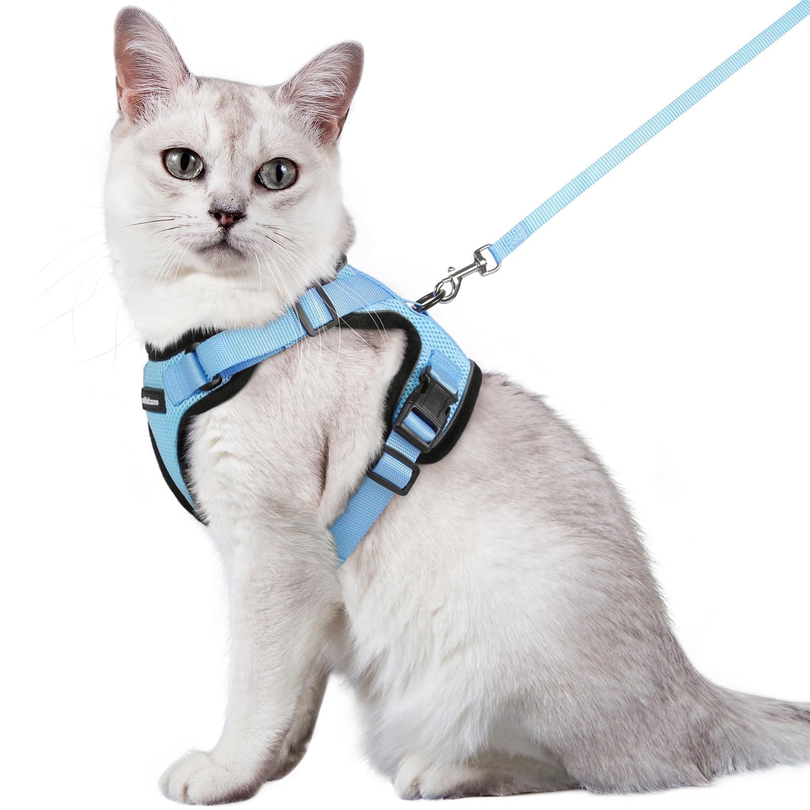 Photo 1 of rabbitgoo Cat Harness and Leash for Walking, Escape Proof Soft Adjustable Vest Harnesses for Cats, Easy Control Breathable Reflective Strips Jacket, Light Blue,M