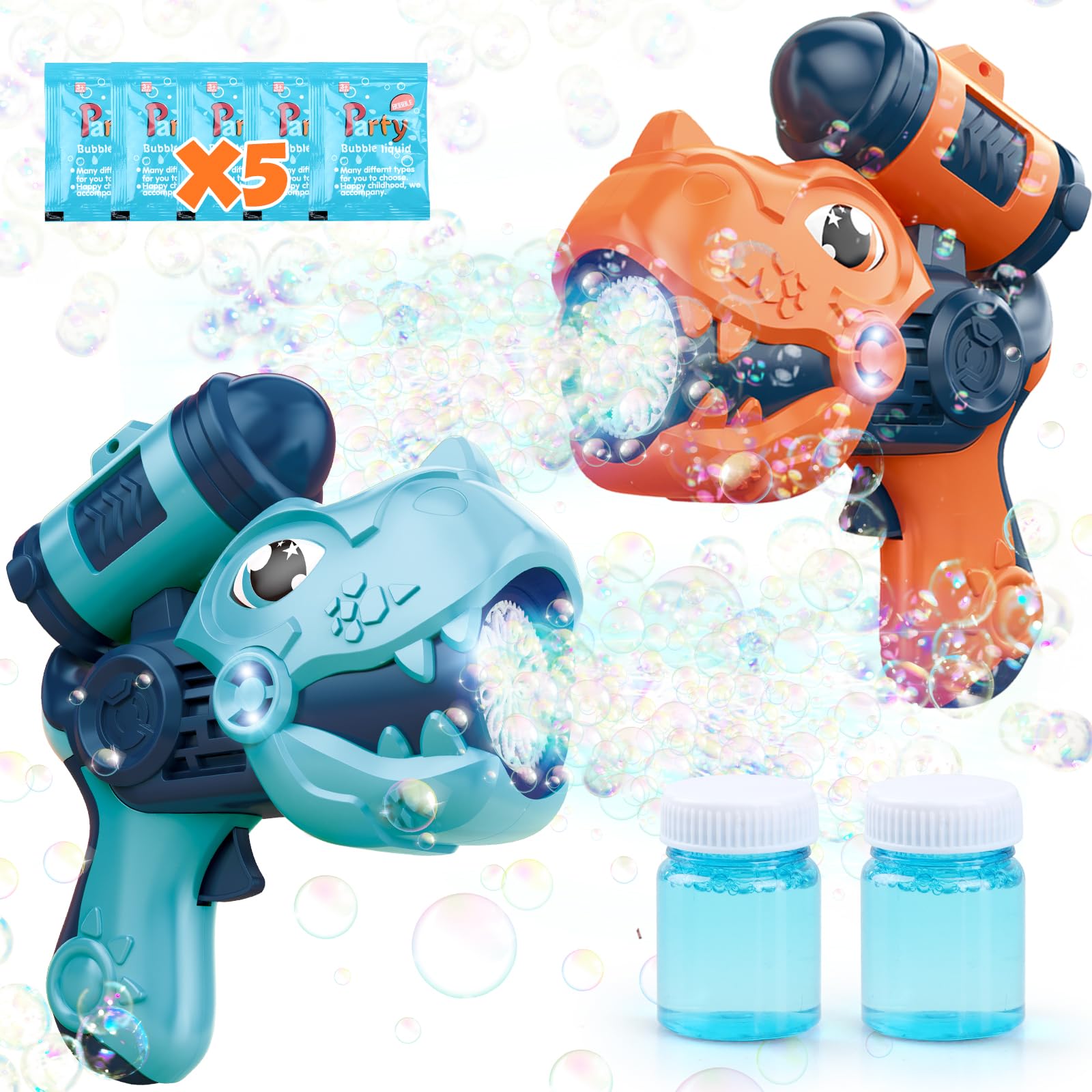 Aooess Gifts for 3-8 Year Old Boys: Dinosaur Bubble Gun Toys for Kids Bubble Maker Presents for 3 4 5 6 7 8 Years Old Kids Birthday Party Bubble Blower Automatic Bubble Machines (Blue＋Orange)