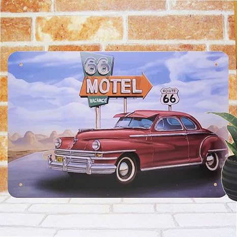 Amazon ブリキ看板 ルート66 Mk 自動車 アメ車シボレー 紫パープル Motelモーテル グッズ ガレージ プレート アメリカン雑貨 ポスターfunc アニメ 萌えグッズ 通販