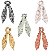 Yonchic 5-Piece Chiffon Classic Floral Bowknot Hair Ties, Elegant Hair Scarf Scrunchies Long Ribbon Ponytail Holders Head Bands, Elastic Vintage Bow Tie Hair Accessories for Ladies Women Girls