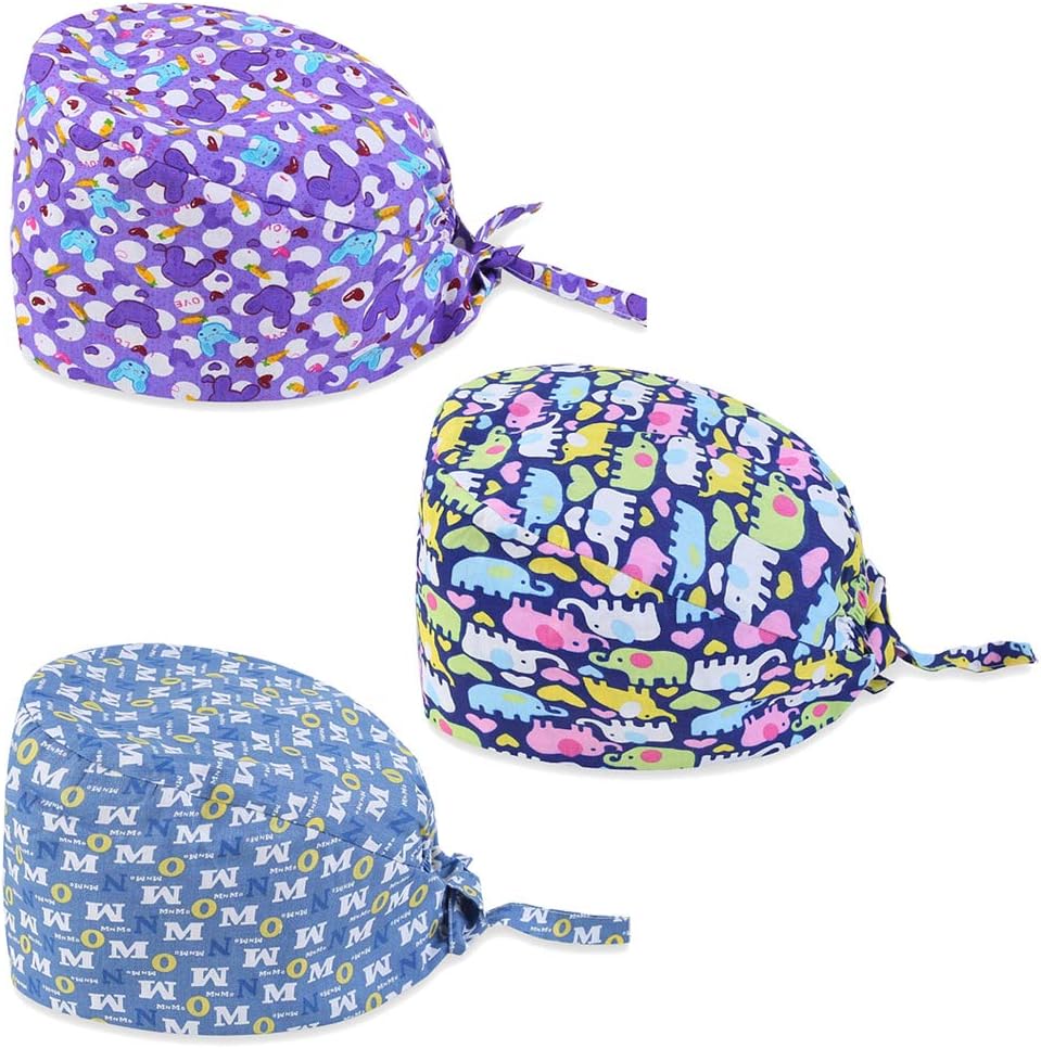 Scrub Cap Surgical Bouffant Paytail Scrub Hat Adjustable Turban Cap with Sweatband and Cotton Mask for Women Men