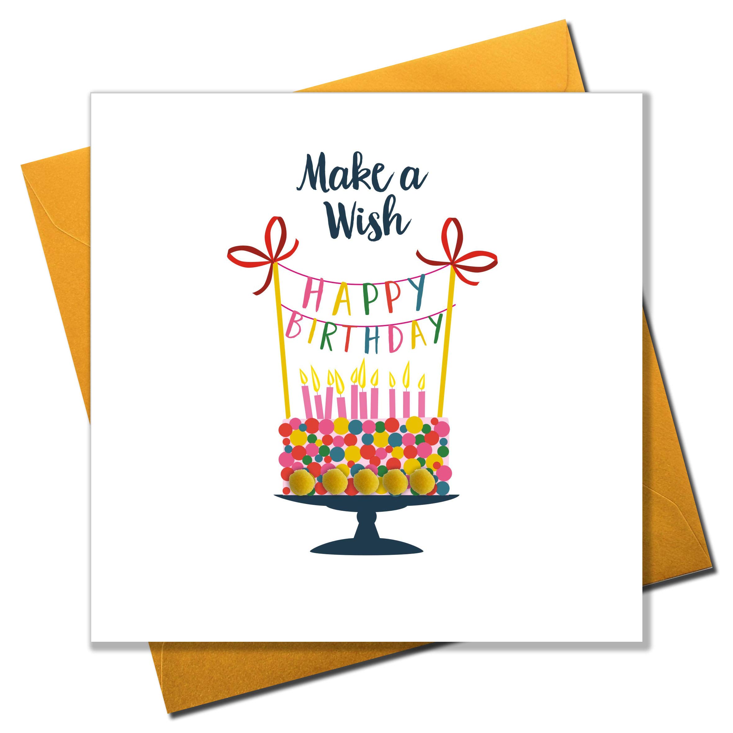 Claire Giles Greeting Cards, Happy Birthday Card, Birthday Cake Design Birthday Greeting Card, "Make a Wish", Embellished with Colourful Pompoms