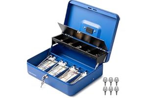 Volcora Large Cash Box with Key Lock, Metal Money Box for Cash, Portable Locking Safe Box with Money Tray, Durable Money Saving Organizer for Yard Sale, Garage Sale, Small Business, Blue