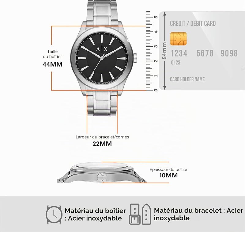Watch For Men, Quartz Three hand movement and 44mm Case Size with Stainless steel strap