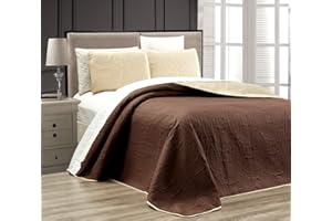 Grand Linen 3-Piece Chocolate Brown/Khaki Oversize ORNATO Reversible Bedspread Queen/Full Embossed Coverlet Set 106 by 100-Inch