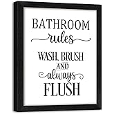 Funny Bathroom Wall Art Framed Bathroom Rules Wall Decor 8x10 Inches, Black and White Toilet Rules Wash Brush and Always Flush Canvas picture prints Essential Restroom Decor for Bathroom and Home