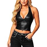 Navneet Women Sexy PU Leather Halter Crop Top Deep V Neck Backless Going Out Tank Top