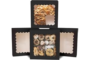 qiqee Auto-pop up Black Pie Boxes with Window 10x10x2.5 inch 30Packs Cookie Donut Bakery Box