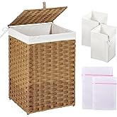GREENSTELL Laundry Hamper with Lid, 60L Clothes Hamper with 2 Removable Liner Bags & 2 Mesh Laundry Bags, Handwoven Synthetic