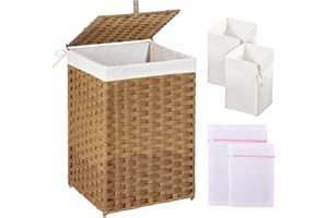 GREENSTELL Laundry Hamper with Lid, 60L Clothes Hamper with 2 Removable Liner Bags & 2 Mesh Laundry Bags, Handwoven Synthetic Rattan Laundry Basket for Clothes, Toys in Bathroom, Bedroom Natural