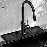 Meiliweser Silicone Faucet Mat for Kitchen Sink – Gen 2 Splash Guard with Upgraded Outlet & Slope – 18” x 5.1” Water Catcher & Sink Sponge Holder for Kitchen and Bathroom (Black)