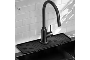Meiliweser Silicone Faucet Mat for Kitchen Sink – Gen 2 Splash Guard with Upgraded Outlet & Slope – 18” x 5.1” Water Catcher & Sink Sponge Holder for Kitchen and Bathroom (Black)
