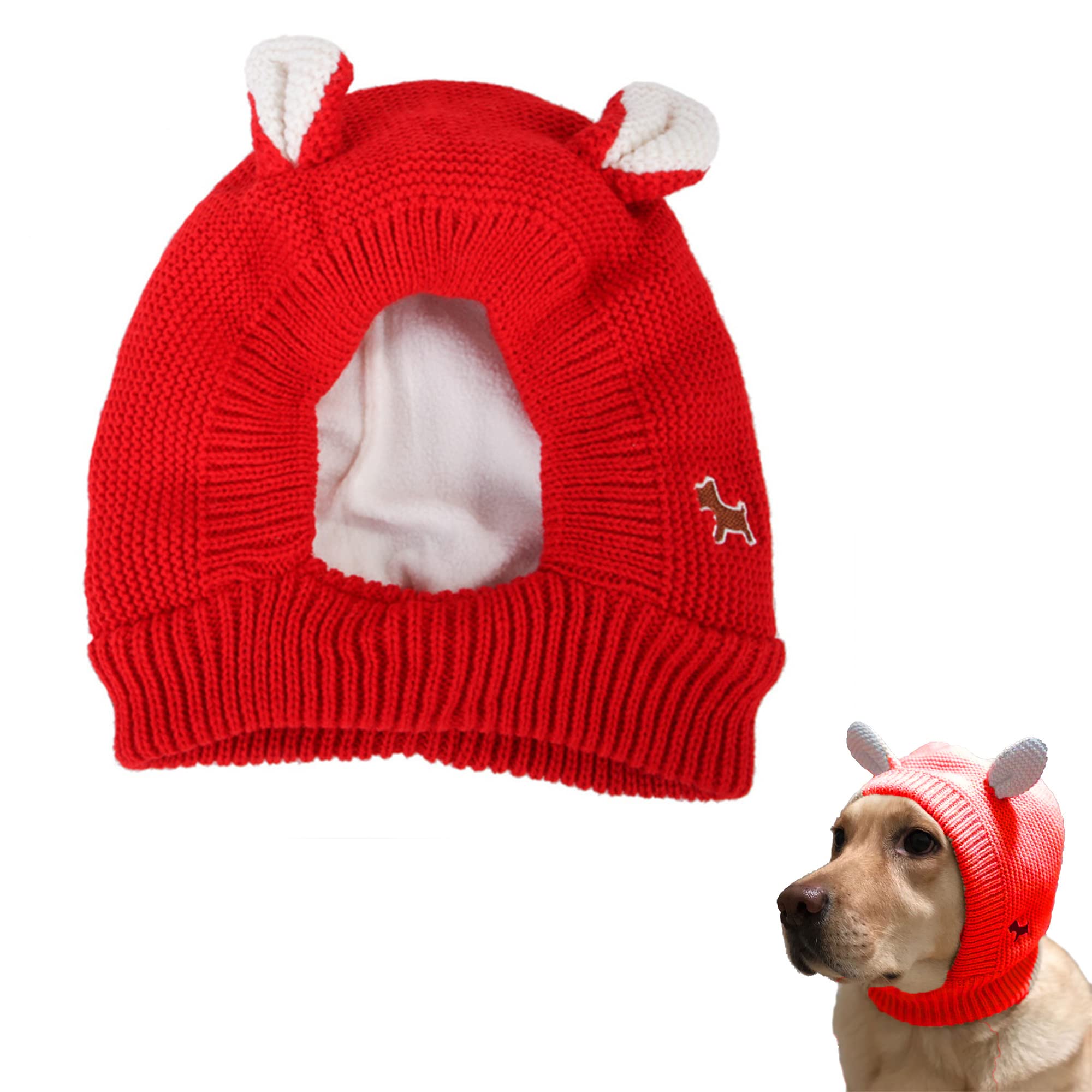 LONGHAO Dog Winter Hat Winter Pet Pompom Knitted Cotton Knitted Hat for Pets, Free Size, Cute Knitted Hat with Ears for Small Dogs, Large Dogs and Cats (Red)