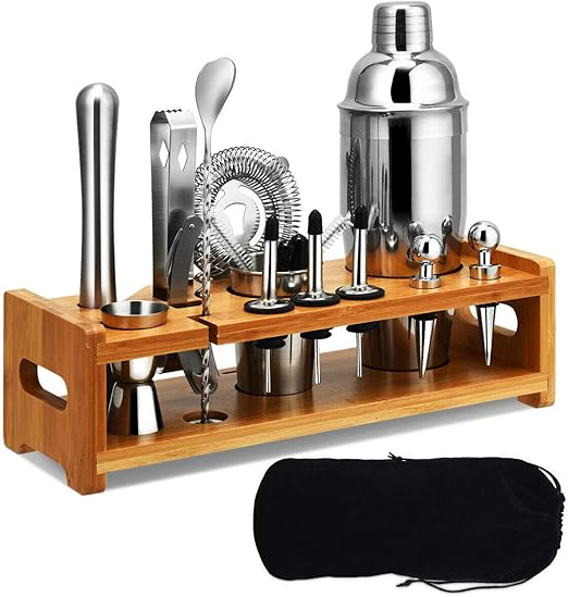 23 PCS Stainless Cocktail Shaker with Bamboo Stand Kitchen