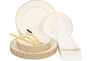 Lullaby 140PCS Elegant Disposable Dinnerware Set – 40 Ivory Scalloped Gold-Trim Plates (20 Dinner, 20 Dessert), 40 Forks, 20 Spoons, 20 Knives & 20 Napkins – Fancy Plastic Plates for 20 Guests