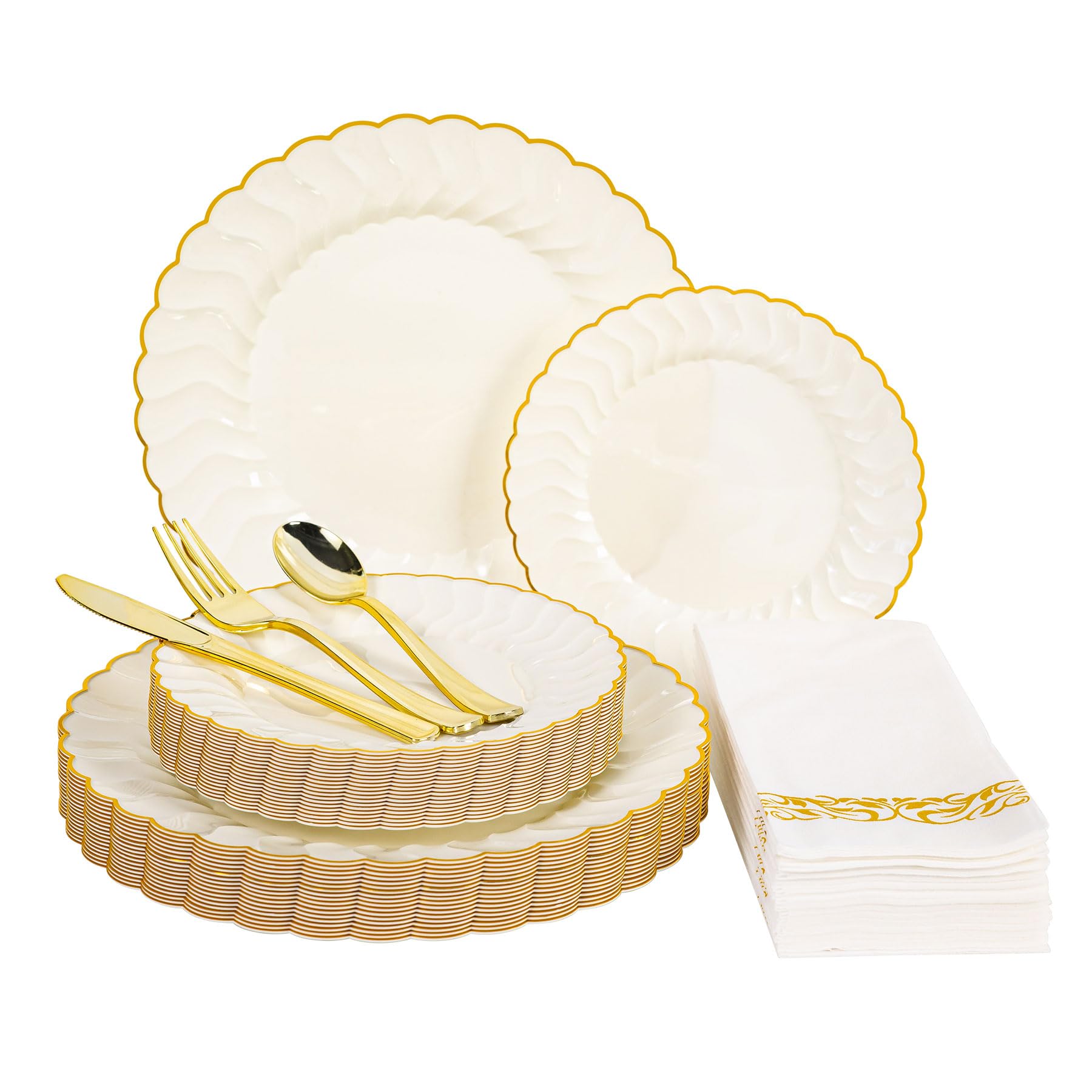 Photo 1 of Lullaby 140PCS Elegant Disposable Dinnerware Set – 40 Ivory Scalloped Gold-Trim Plates (20 Dinner, 20 Dessert), 40 Forks, 20 Spoons, 20 Knives & 20 Napkins – Fancy Plastic Plates for 20 Guests