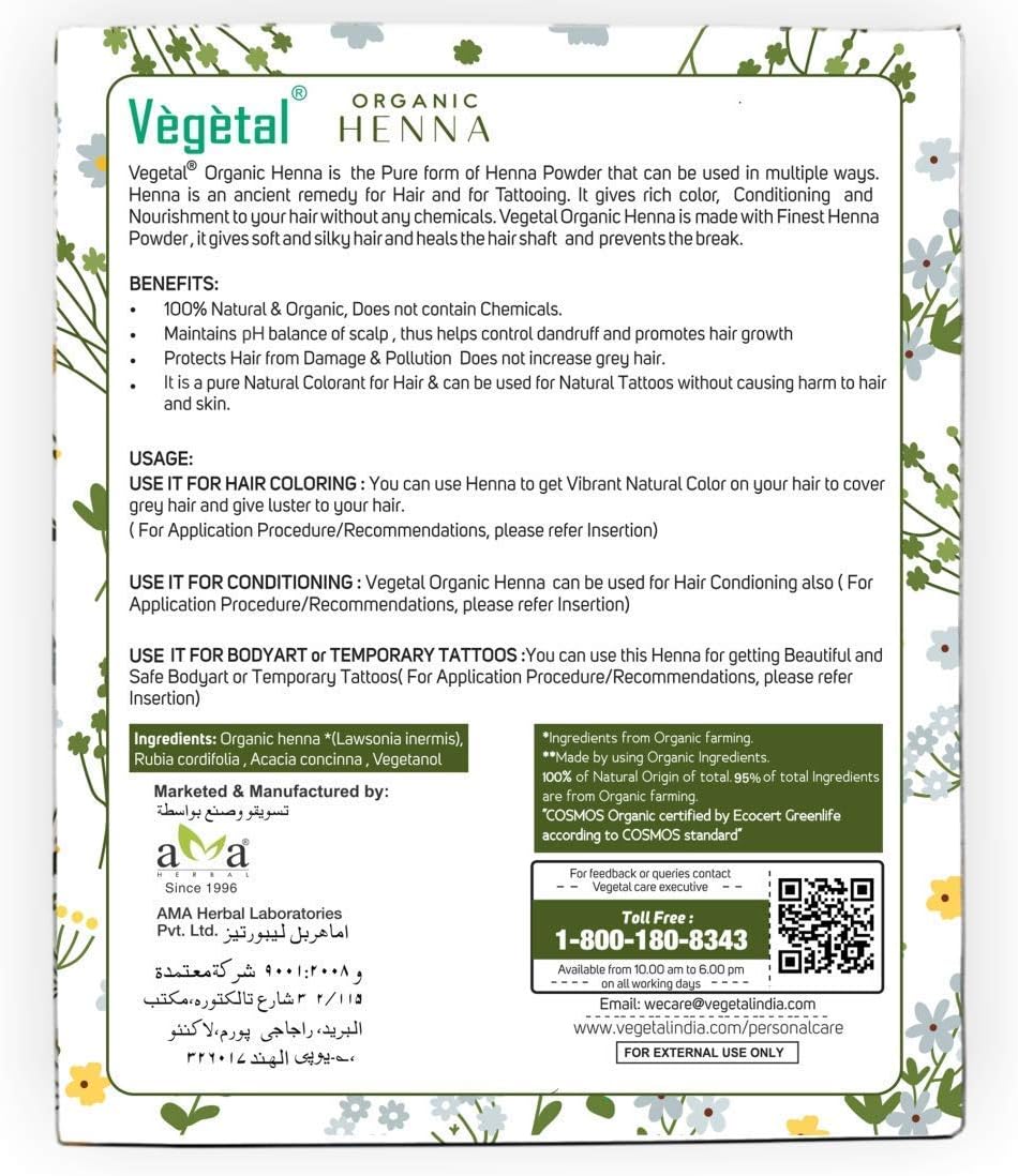 Vegetal Certified Organic Bio Henna Powder - 100% Pure Natural, Herbal Henna (Mehandi) for Hair Hands and Feets - 100gm - Image 3