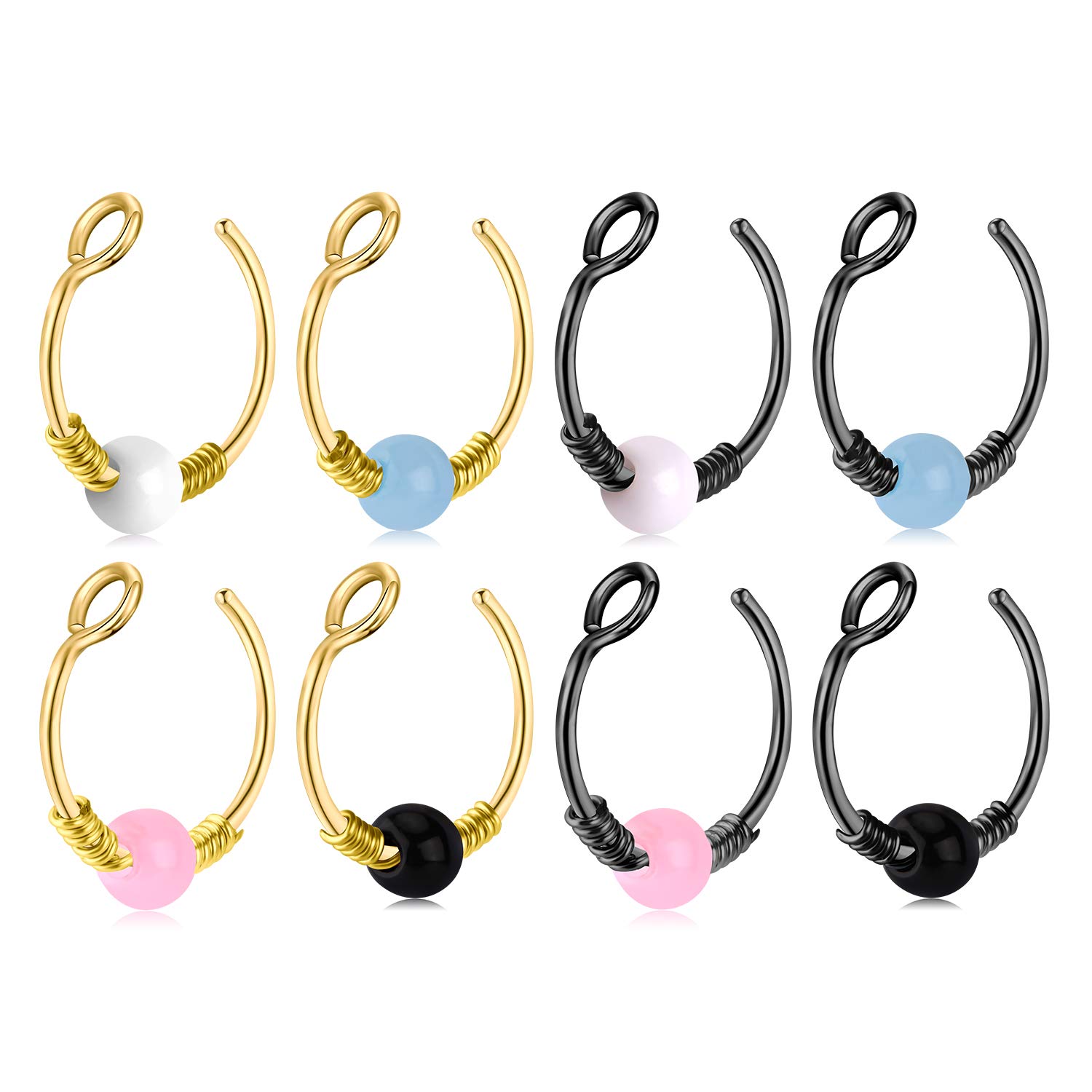 Longita 8PCS Fake Nose Ring Hoop Non Pierced Stainless Steel Clip on Closure Round Ring Lip Helix Cartilage Tragus Earrings Piercing Jewelry