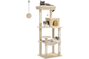PETEPELA 56.3 Inches Multi-Level Cat Tree Cat Tower with Sisal Covered Scratching Posts, Comfort Condo, Extra Large Hammock and Plush Perches Beige
