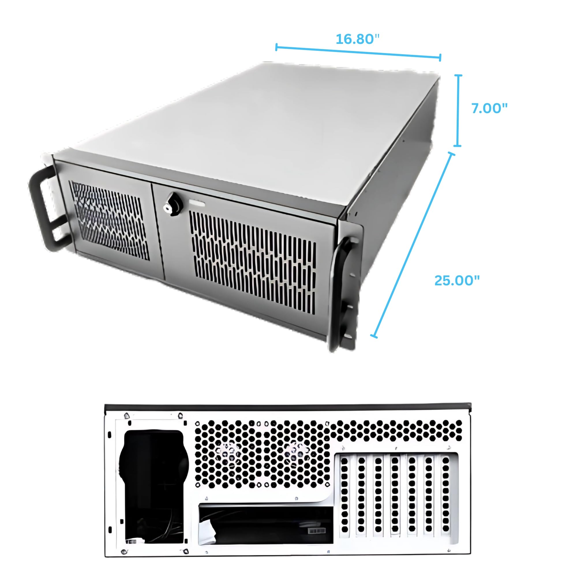 4U Server Chassis, Rackmount Server Case; 13x HDD Bays (10x3.5 & 3x5.25); E-ATX/CEB/EEB/ATX Motherboards; Fan: Front 2X 120mm, Mid 4X 80mm, Rear 2X 80mm; Front Lock, Size:16.8X 7.0X 25.0