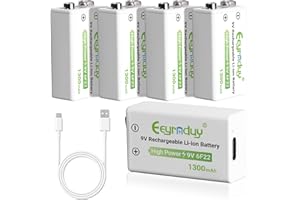 Eeyrnduy 5-Pack 1300mAh 9V Battery, Rechargeable with USB and C-Port, Safe and Suitable for Both Home and Office Devices (9V)