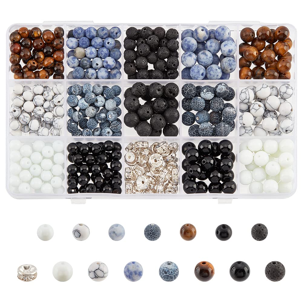 NBEADS About 460 Pcs Natural Stone Beads Kit, 6mm 8mm Natural Gemstone Loose Round Stone with Rhinestone Spacer Beads for DIY Bracelet Necklaces Jewelry Making
