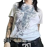 Women Grunge Shirt Y2k Teen Girl Gothic Short Sleeve Vintage Graphic Top Aesthetic Punk Emo Baggy Tee Goth Clothes