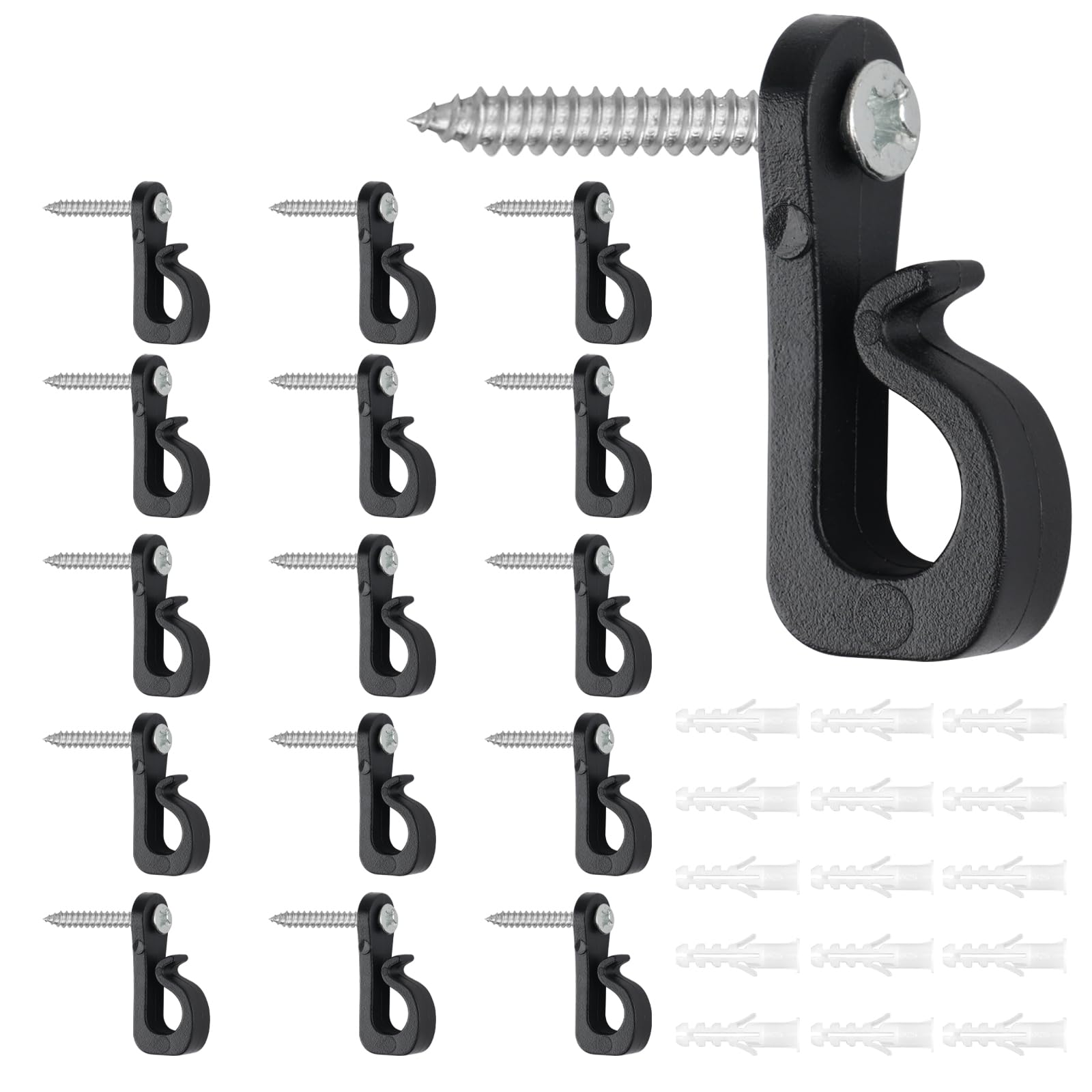 Screw-in Hooks, Q-Hanger Screw Hooks, Home Christmas Lights Hanger Hooks,Screw in Hooks for Outdoor Lights Festoon Light Hooks, Hanging Fence Hooks (15PCS Black)