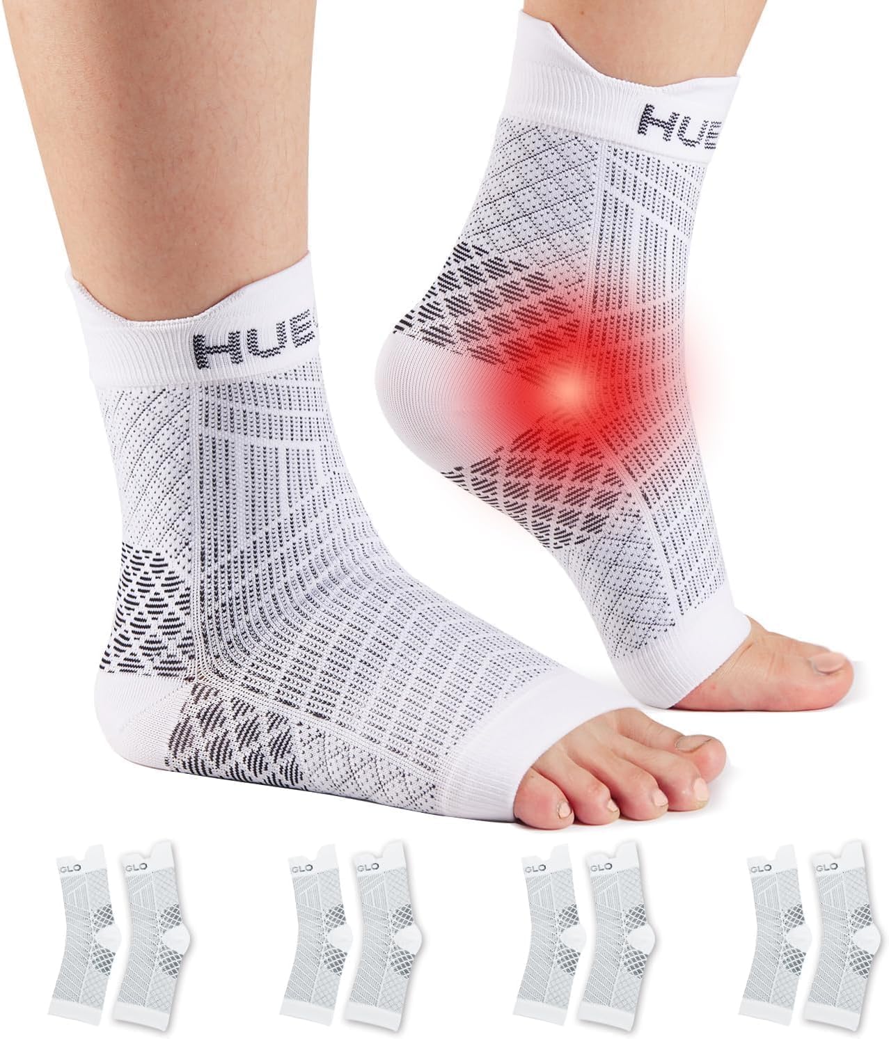 HUEGLO 4 Pairs Compression Socks For Women Men Neuropathy Plantar Fasciitis Socks Ankle Support Brace Breathable Anti-Slip Foot Support (White, S)