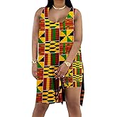 Women Plus Size African Print 2 Piece Summer Set, Sleeveless Waist Cinching Top & Stretch Biker Shorts, Kente Pattern Casual