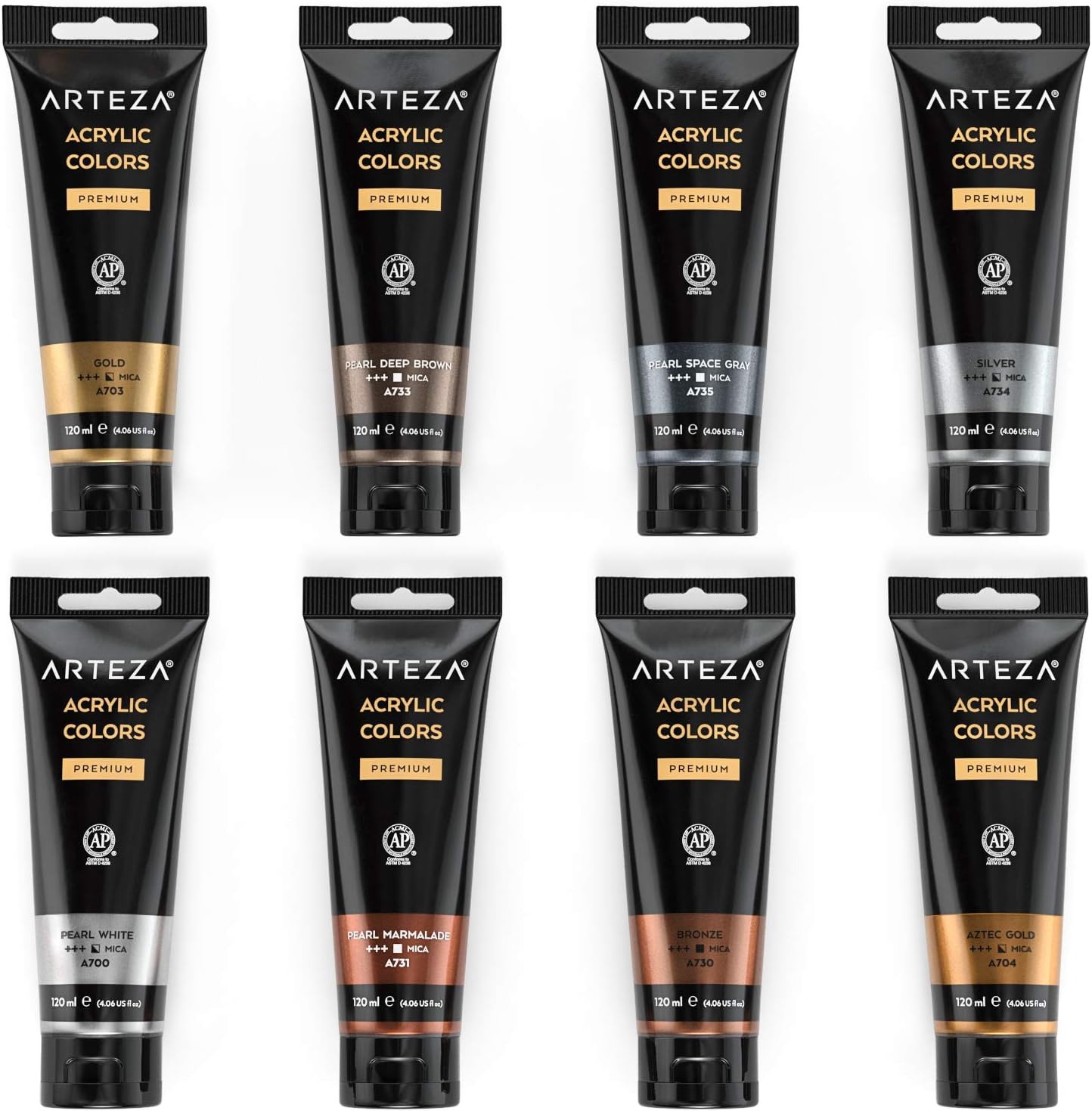 Arteza Metallic Acrylic Paint, Set of 8 Metallic Colors in 4.06oz/120ml Tubes, Rich Pigments, Non Fading, Non Toxic Paints for Artists & Hobby Painters, Art Supplies for Canvas Painting: Home Improvement