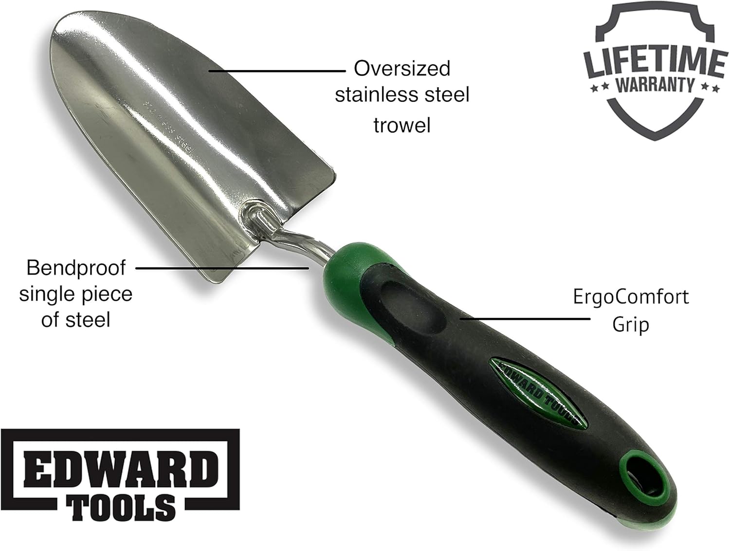 Edward Tools Bend-Proof Garden Trowel - Heavy Duty Polished Stainless Steel - Rust Resistant Oversized Garden Hand Shovel for Quicker Work - Digs Through Rocky / Heavy soils - Comfort Grip (1) : Garden & Outdoor