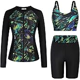 GRACE KARIN Women's 3 Piece Rash Guard Built-in Bra Long Sleeve UV Sun Protection Swimsuit Zip up Swim Top Shirt Modest