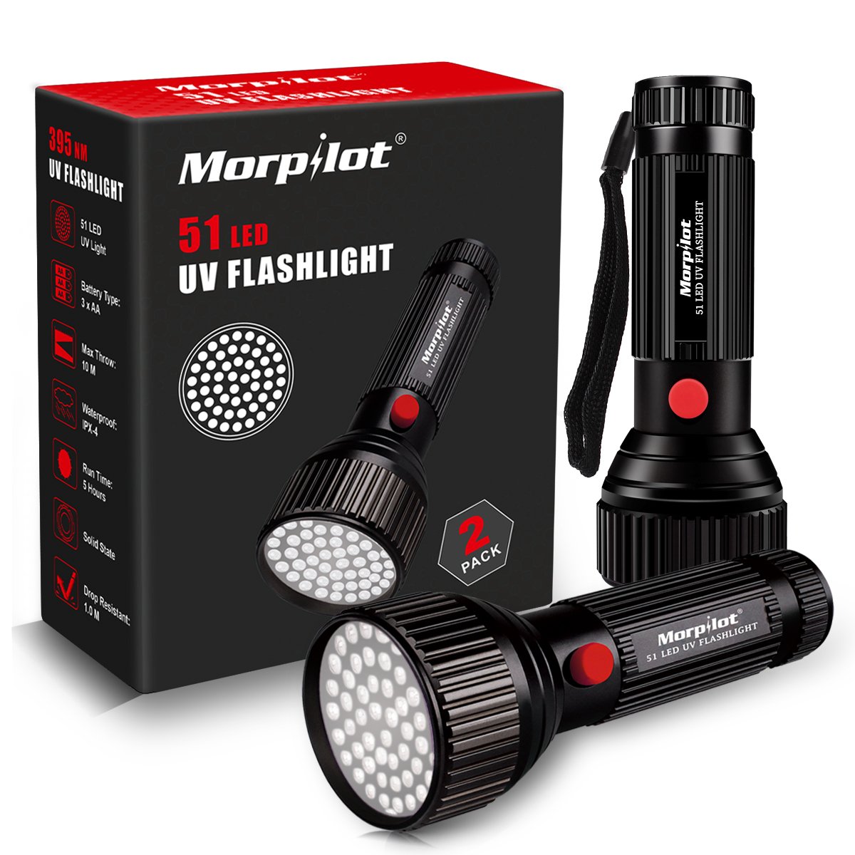 51 LED UV Flashlight Pet Urine Stain Detector 2 Pack - Morpilot Upgrade Best 395nm Ultraviolet Blacklight for Detect Bed Bug Dog Urine Stain Scorpion