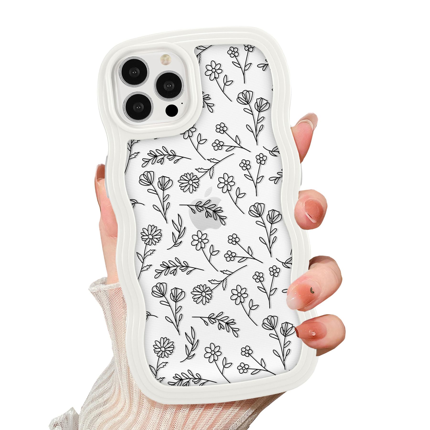 ZCDAYE Floral Case Compatible with iPhone 13 Pro Max,Flower Pattern Cute Wavy Shape Phone Case for Women Girls,Soft TPU Shockproof Cover for iPhone 13 Pro Max (6.7 inch),White Frame Black Flower