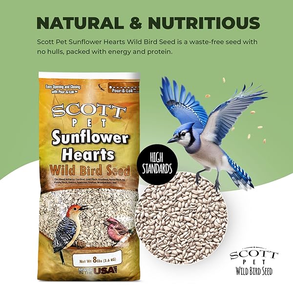 SCOTT PET WILD BIRD SEED, SUNFLOWER HEARTS, 8 LBS BAG, FOR ALL FEEDER TYPES, GREAT SOURCE OF PROTEIN, FOOD FOR OUTSIDE WILD BIRDS