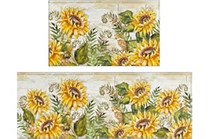Xsinufn Sunflower Farmhouse Kitchen Rugs Set 2 Piece Colorful Summer Flowers Decorative Rug for Kitchen Low-Profile Floor Mats Decorations for Home Kitchen (17"x48"+17"x30")