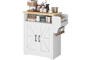 YATINEY Coffee Bar Cabinet, Kitchen Island with Storage, Farmhouse Sideboard Buffet Cabinet with Dual-Purpose Floating Shelf and Hooks, for Kitchen Living Room, White and Natural KF22WN