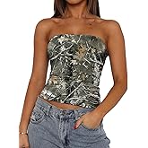 BAIGRAM Women Camo Tube Top Maple Leaf Print Strapless Crop Tank Top Y2K Graphic Bandeau Tops Going Out Sexy Outfits